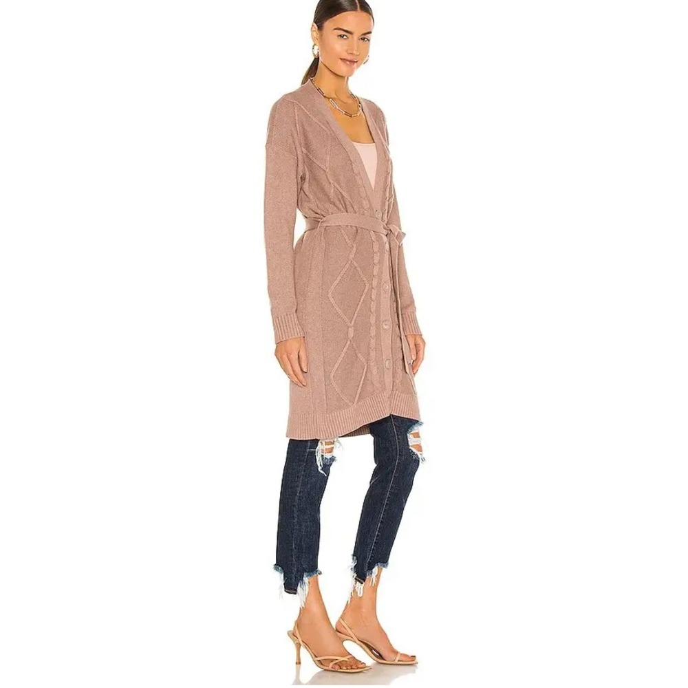 L'AGENCE Mica Belted Cable Knit Cardigan Sweater Dusty Rose NWT Medium M